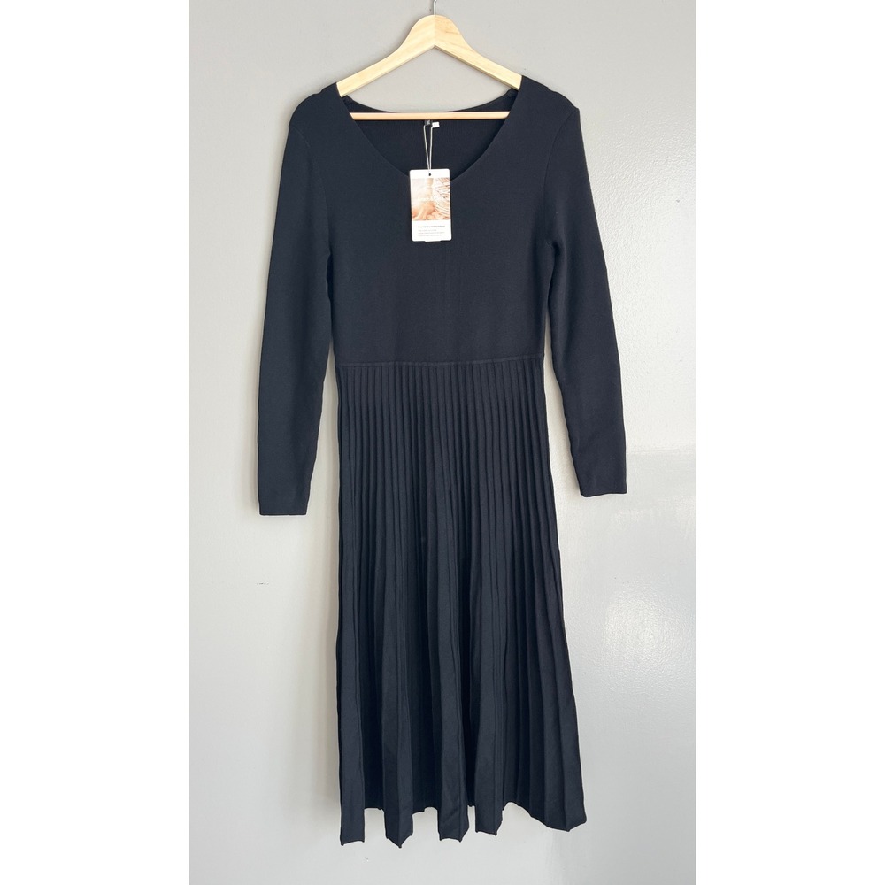 Arach & Cloz Sweater Dress Womens M Black Pleated V-Neck Wool Blend Midi NWT